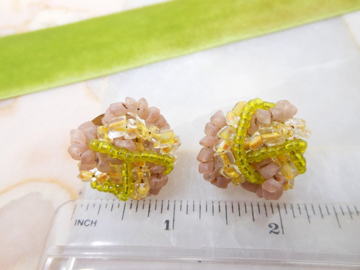 Vintage ITALY Art Glass Earrings Clip On Seed Bead Wired Cluster Chartreuse Yellow Jewelry Gift Mid Century, VivianJoel.com