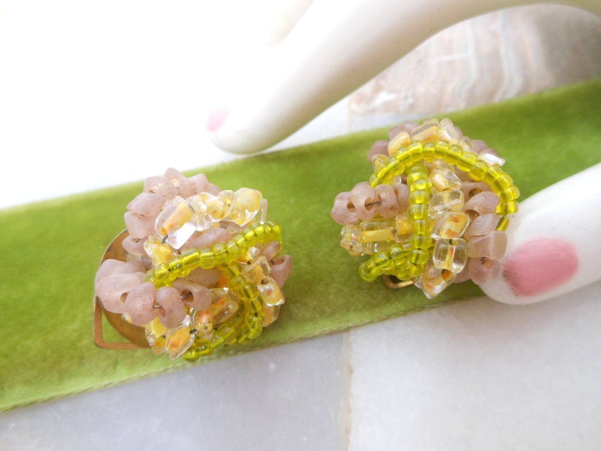Vintage ITALY Art Glass Earrings Clip On Seed Bead Wired Cluster Chartreuse Yellow Jewelry Gift Mid Century, VivianJoel.com