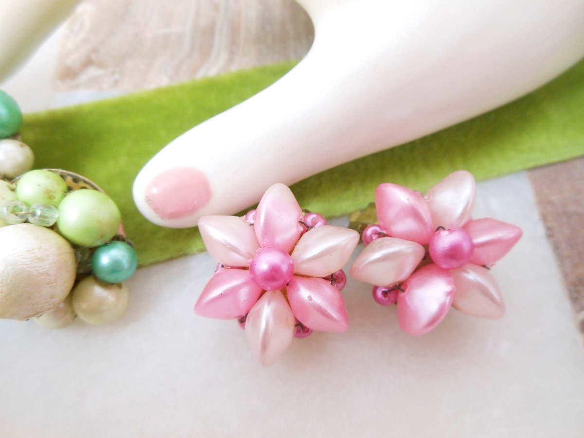 Vintage Cluster Earrings LOT 3 Clip On Pastel Pink Bead Japan Hong Kong Faux Pearl Green Spring Colors Jewelry Mid Century, VivianJoel.com