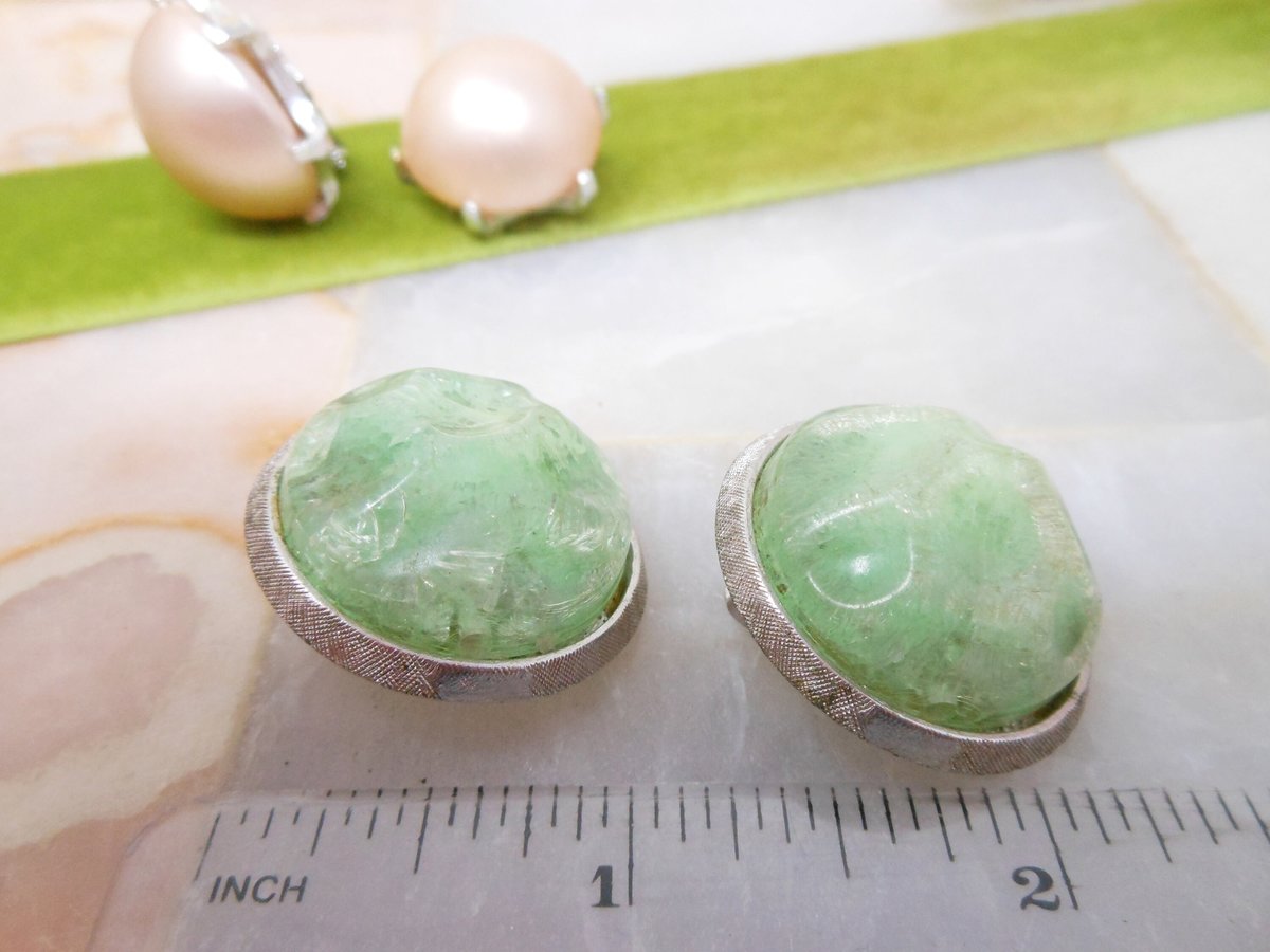 Vintage CORO LOT 2 Earrings Clip On Chunky Pink Green Designer Jewelry Mid Century, VivianJoel.com