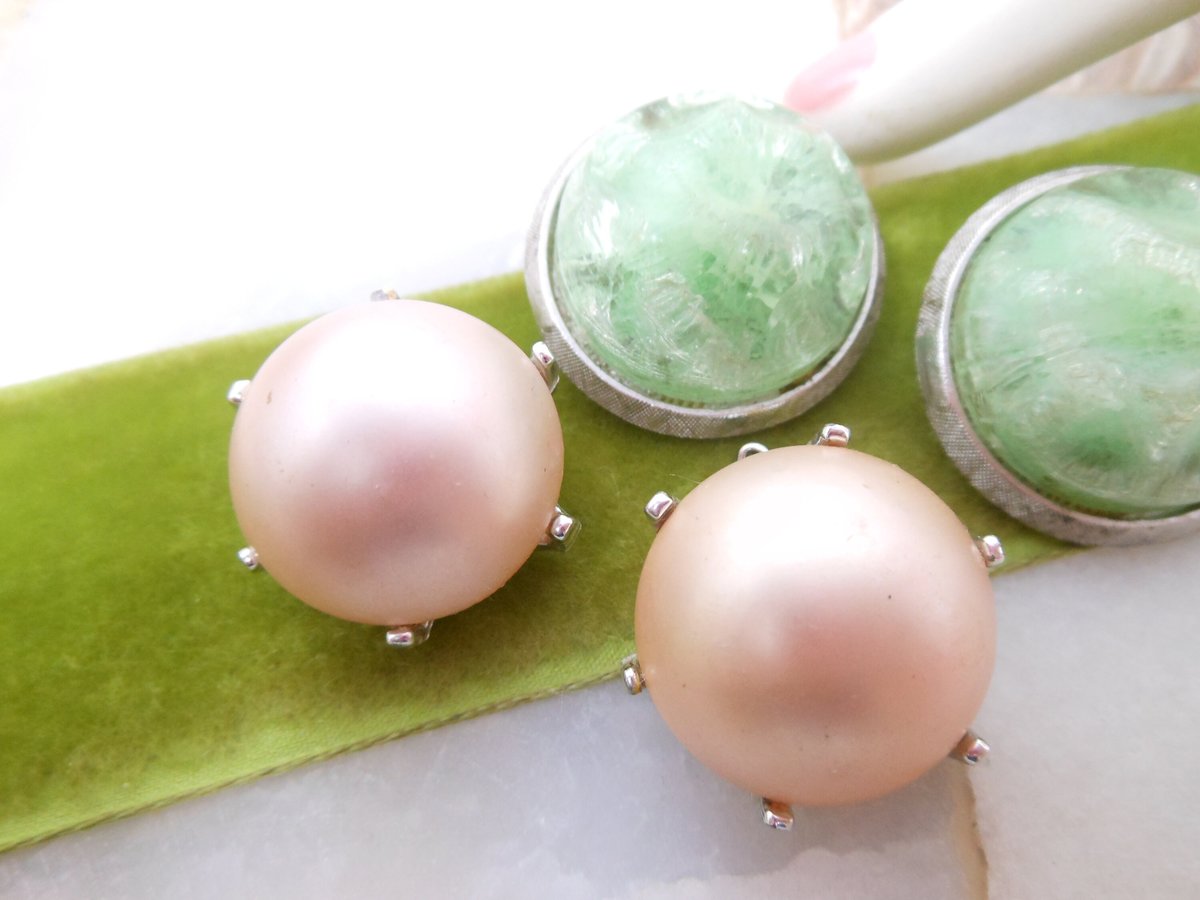 Vintage CORO LOT 2 Earrings Clip On Chunky Pink Green Designer Jewelry Mid Century, VivianJoel.com