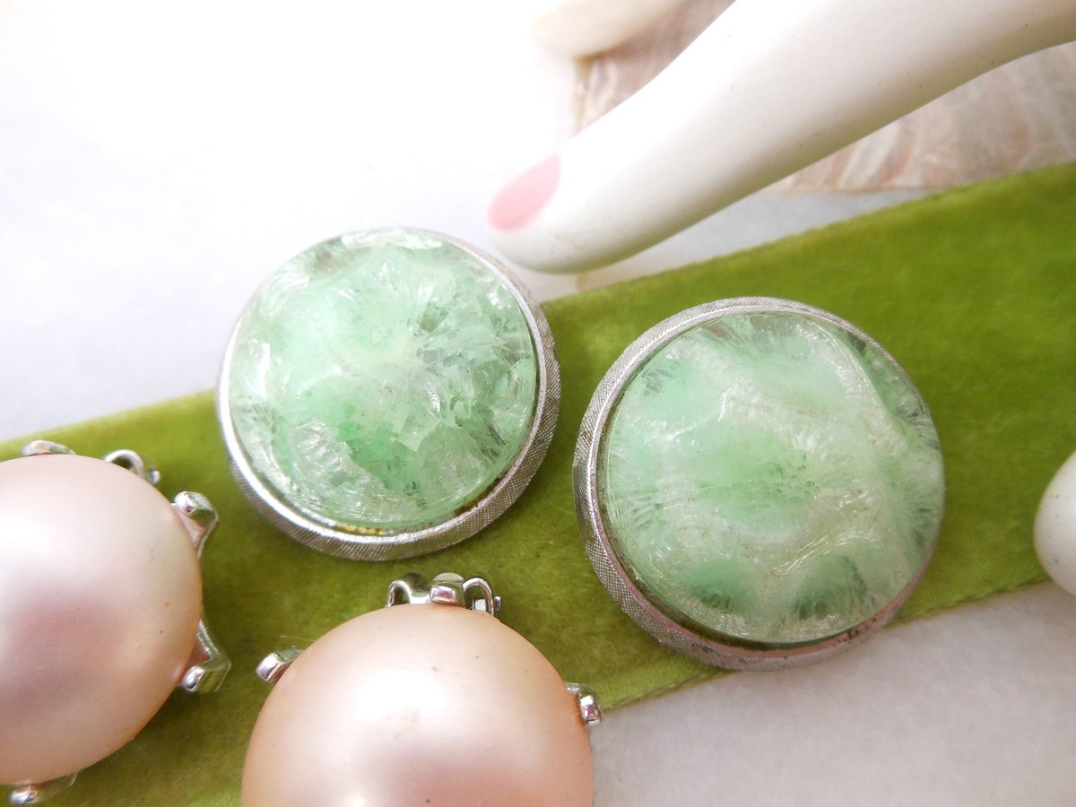 Vintage CORO LOT 2 Earrings Clip On Chunky Pink Green Designer Jewelry Mid Century, VivianJoel.com