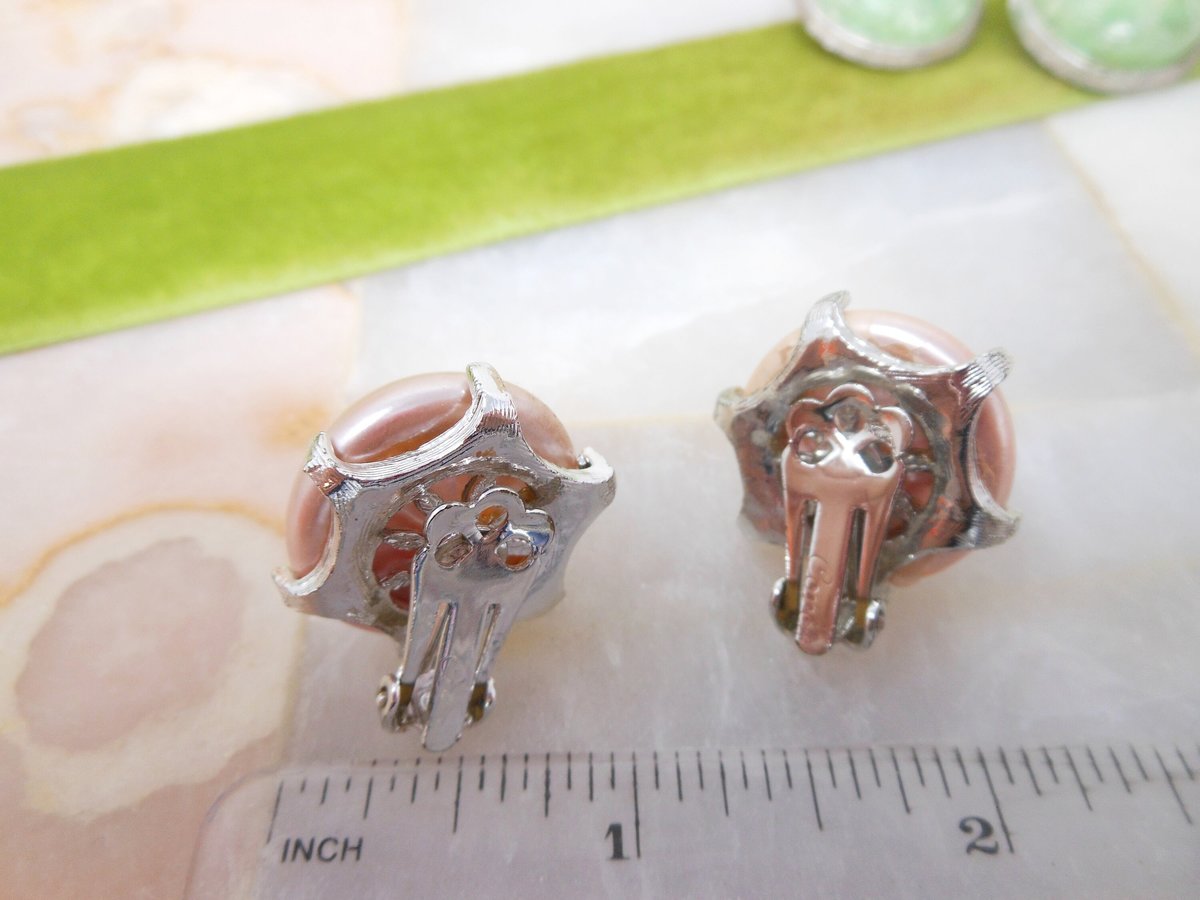 Vintage CORO LOT 2 Earrings Clip On Chunky Pink Green Designer Jewelry Mid Century, VivianJoel.com