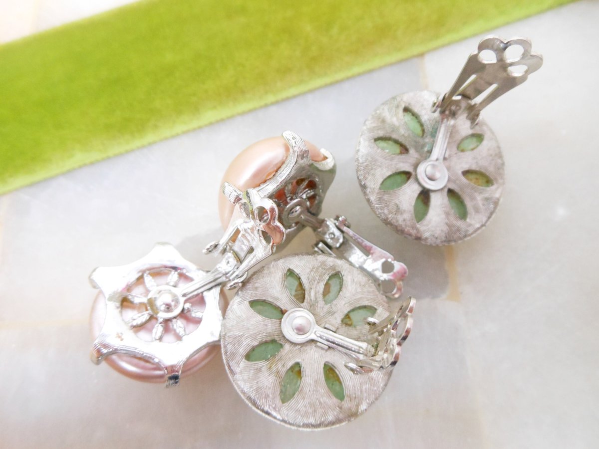 Vintage CORO LOT 2 Earrings Clip On Chunky Pink Green Designer Jewelry Mid Century, VivianJoel.com