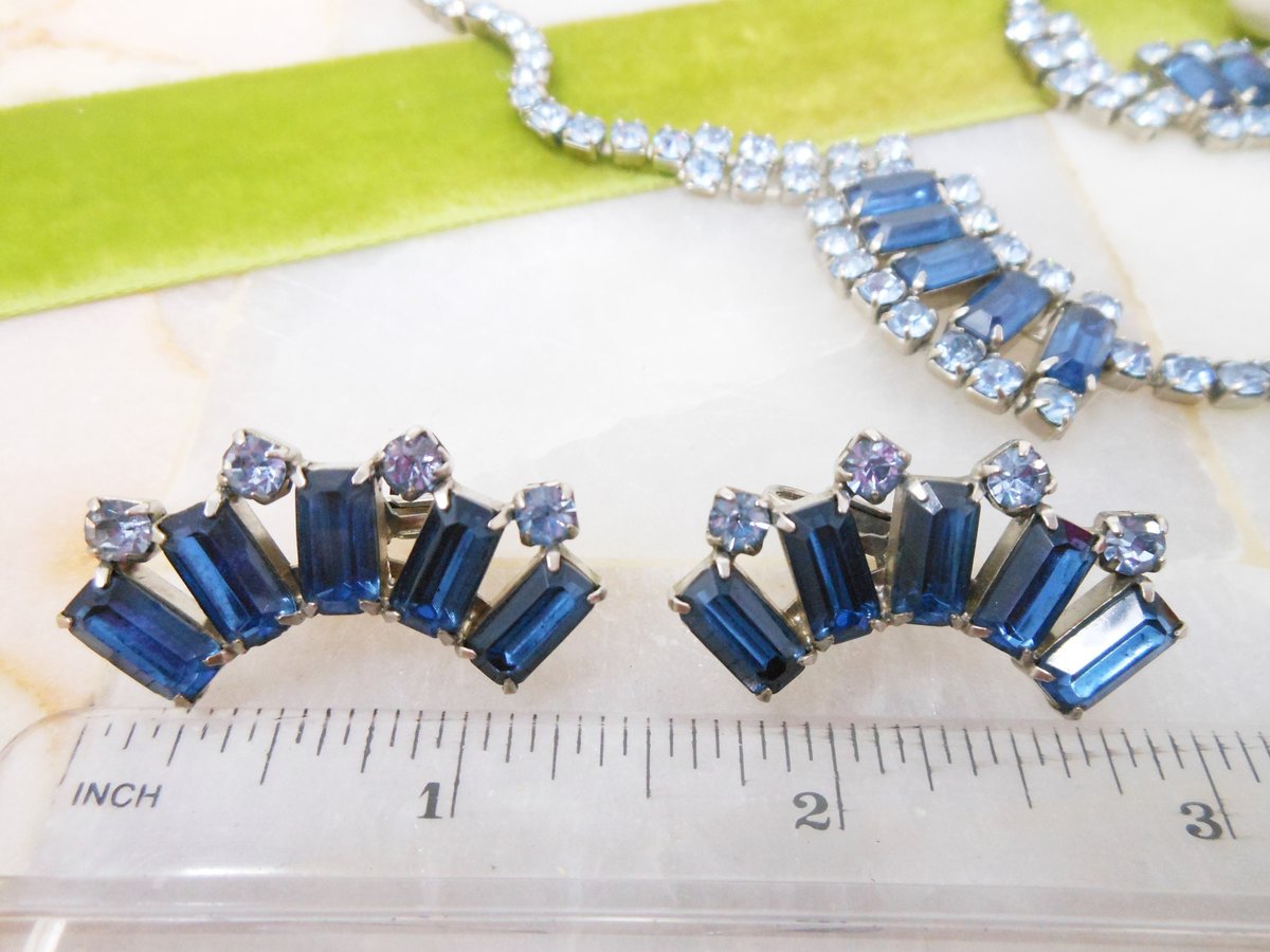 Vintage Blue Rhinestone Necklace Earrings Set Demi Parure Mid Century Regency Renaissance Revival Jewelry Gift, VivianJoel.com