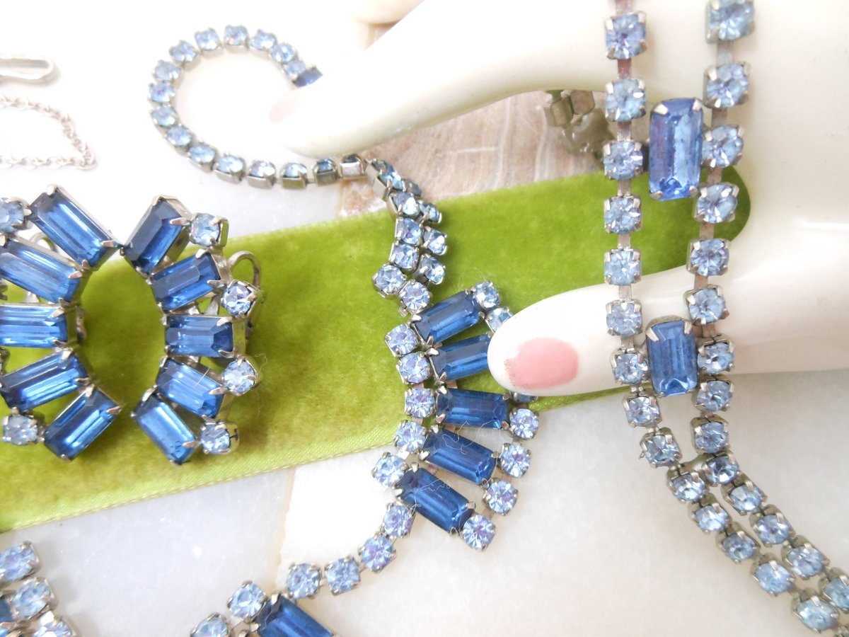 Vintage Blue Rhinestone Necklace Earrings Set Demi Parure Mid Century Regency Renaissance Revival Jewelry Gift, VivianJoel.com