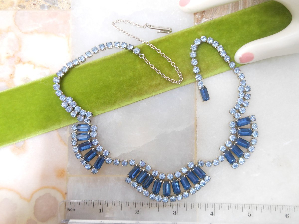 Vintage Blue Rhinestone Necklace Earrings Set Demi Parure Mid Century Regency Renaissance Revival Jewelry Gift, VivianJoel.com