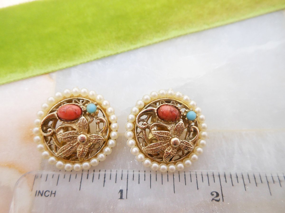 Vintage Peking Glass Earrings Clip On Victorian Revival Etruscan Pearl Turquoise Flower Mid Century Jewelry Gift, VivianJoel.com
