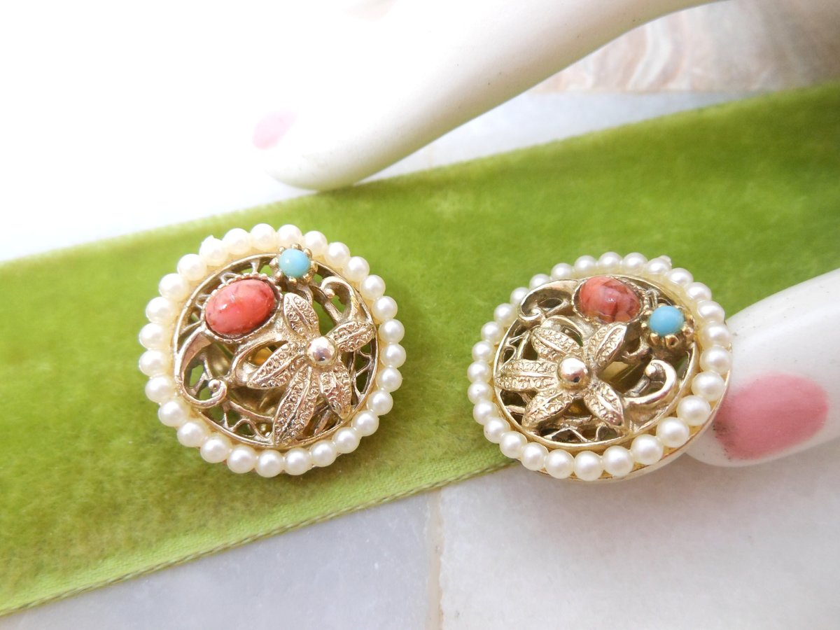 Vintage Peking Glass Earrings Clip On Victorian Revival Etruscan Pearl Turquoise Flower Mid Century Jewelry Gift, VivianJoel.com