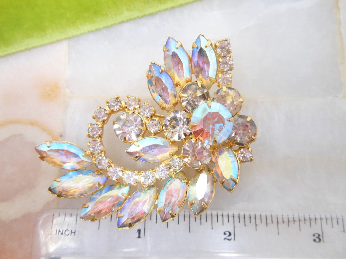 Vintage Aurora Borealis Flower Pin Brooch Rhinestone Regency Renaissance Revival Mid Century Jewelry Gift, VivianJoel.com