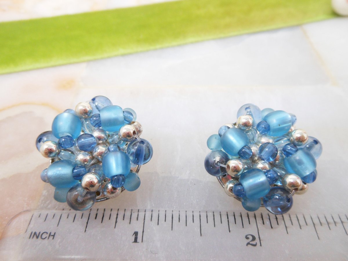 Vintage Blue Glass Bead Cluster Earrings Clip On Regency Revival 50s Glam Jewelry Gift Mid Century, VivianJoel.com