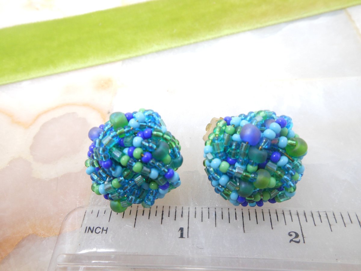 Vintage Blue Glass Earrings Seed Bead Cluster Clip On Regency Revival 50s Glam Jewelry Gift Mid Century, VivianJoel.com