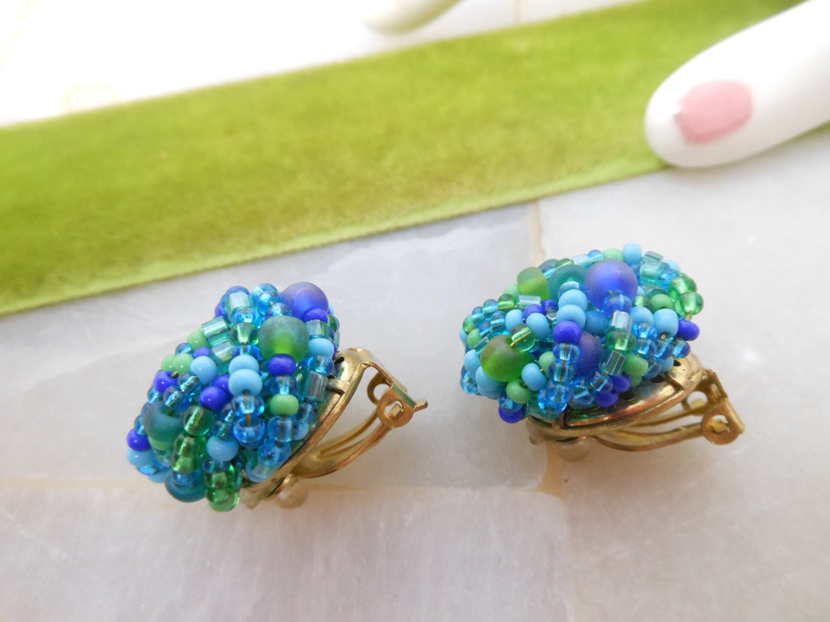 Vintage Blue Glass Earrings Seed Bead Cluster Clip On Regency Revival 50s Glam Jewelry Gift Mid Century, VivianJoel.com