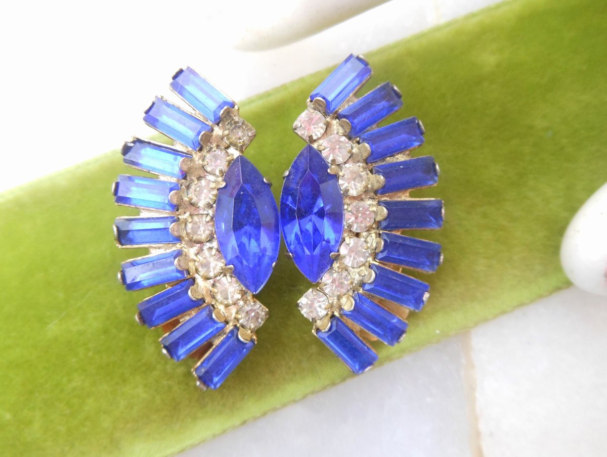 Vintage Purple Blue Baguette Earrings Rhinestone Ear Climbers Clip On Crystal Mid Century Jewelry Gift, VivianJoel.com