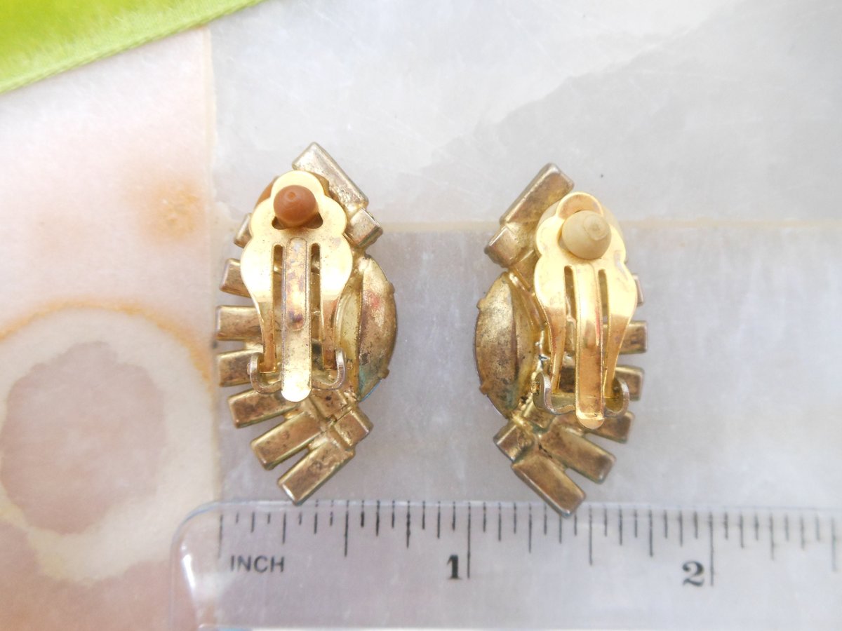 Vintage Purple Blue Baguette Earrings Rhinestone Ear Climbers Clip On Crystal Mid Century Jewelry Gift, VivianJoel.com