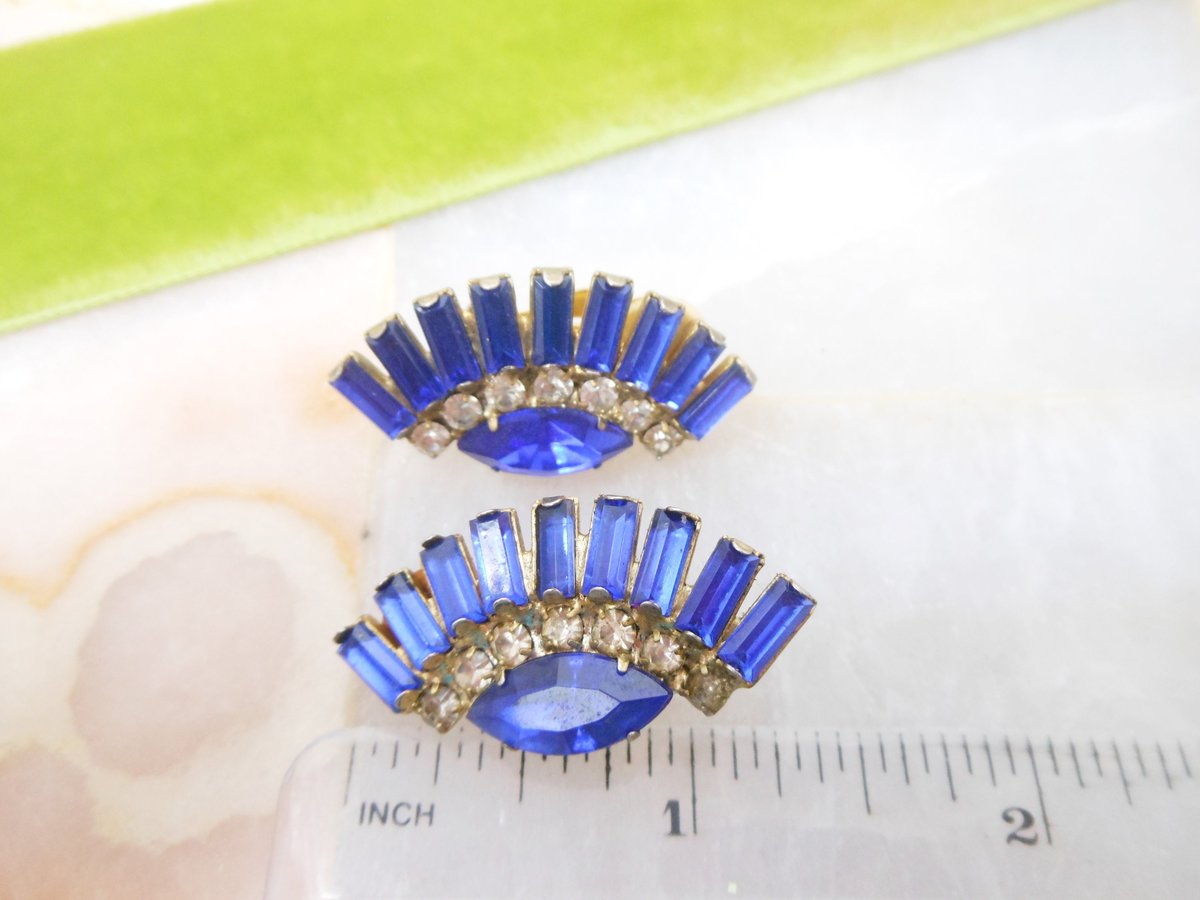 Vintage Purple Blue Baguette Earrings Rhinestone Ear Climbers Clip On Crystal Mid Century Jewelry Gift, VivianJoel.com