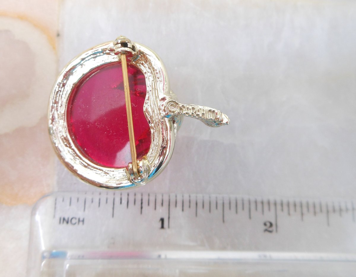Vintage SARAH COVENTRY Pink Apple Brooch Bright Fruit Jelly Belly Lucite Burgundy Pin Designer Jewelry Mid Century, VivianJoel.com