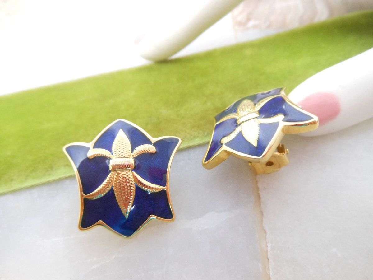 Vintage Heraldic Shield Earrings Blue Enamel Fleur De Lis Clip On Classic Mid Century Jewelry Gift, VivianJoel.com