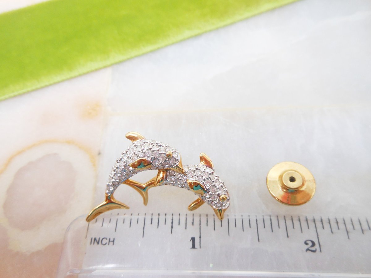 Vintage SWAROVSKI Swan Logo Brooch Dolphin Porpoise Lapel Pin Rhinestone Clear Crystal Petite Figural Designer Jewelry Gift, VivianJoel.com