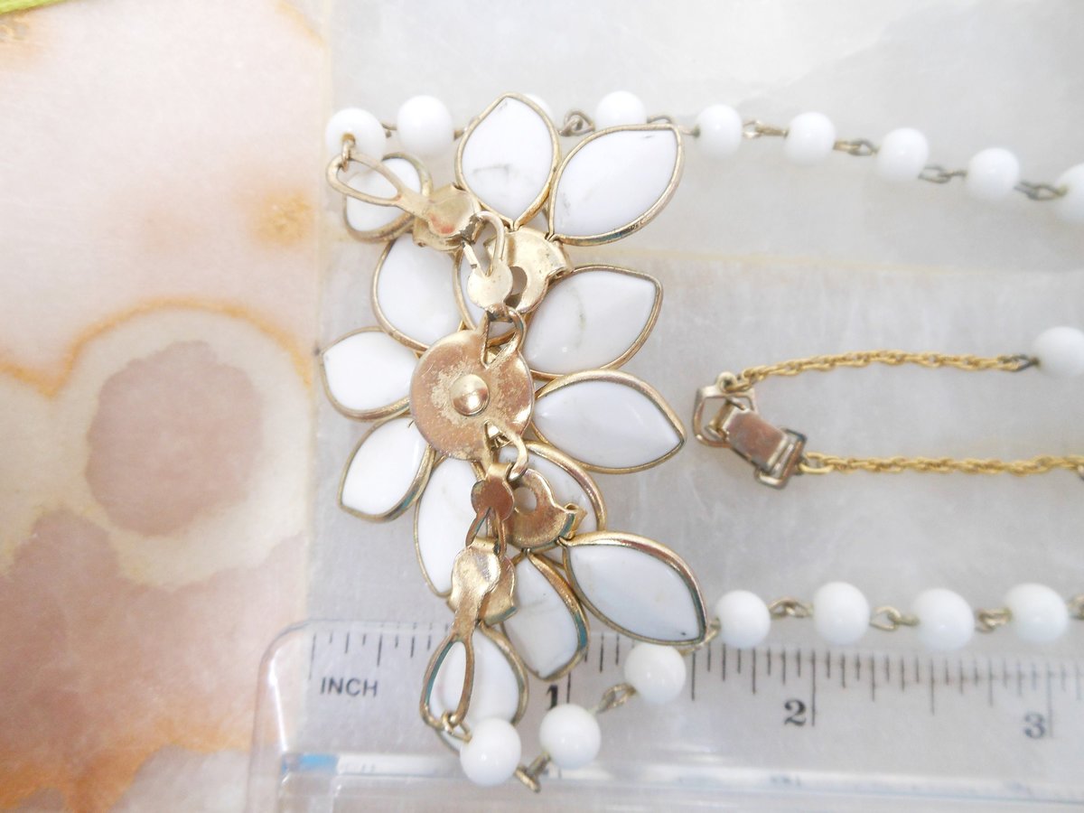 Vintage Milk Glass White Flower Bead Necklace Poured Petal Collar Choker Wedding Jewelry Mid Century, VivianJoel.com