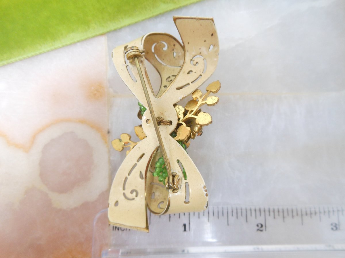 Vintage CORO Bow Designer Brooch Flower Pin Enamel Glass Bead Cluster Jewelry Mid Century, VivianJoel.com