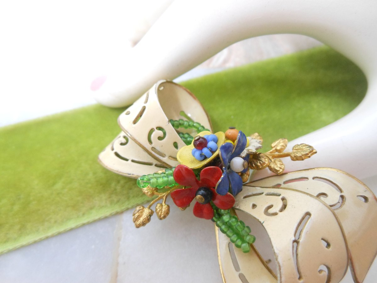 Vintage CORO Bow Designer Brooch Flower Pin Enamel Glass Bead Cluster Jewelry Mid Century, VivianJoel.com