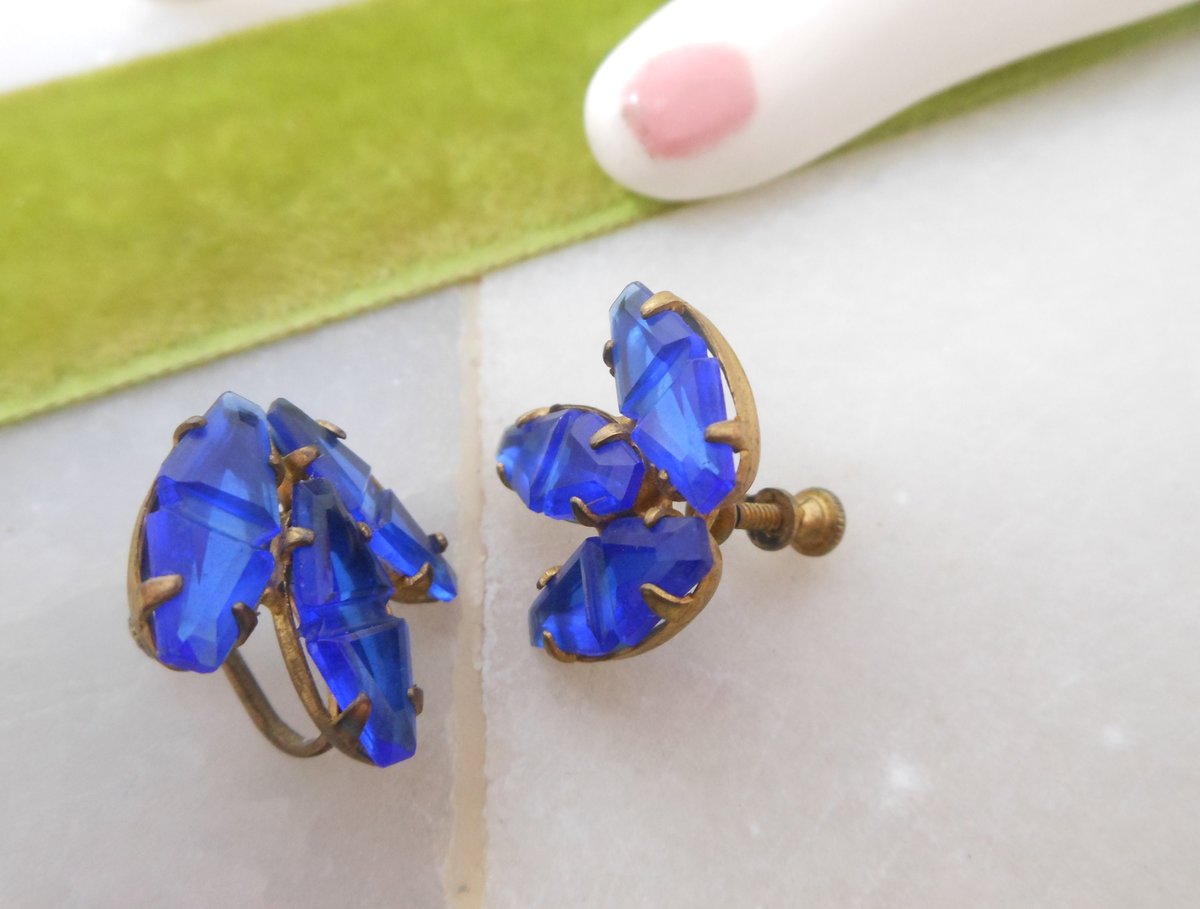Vintage STERLING SILVER Earrings Gilded Gold Blue Czech Glass Art Deco 925 Screw Back Jewelry Mid Century Gift,  VivianJoel.com