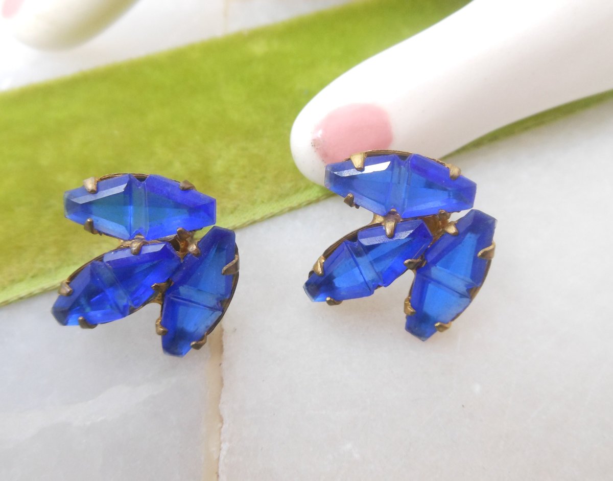 Vintage STERLING SILVER Earrings Gilded Gold Blue Czech Glass Art Deco 925 Screw Back Jewelry Mid Century Gift,  VivianJoel.com
