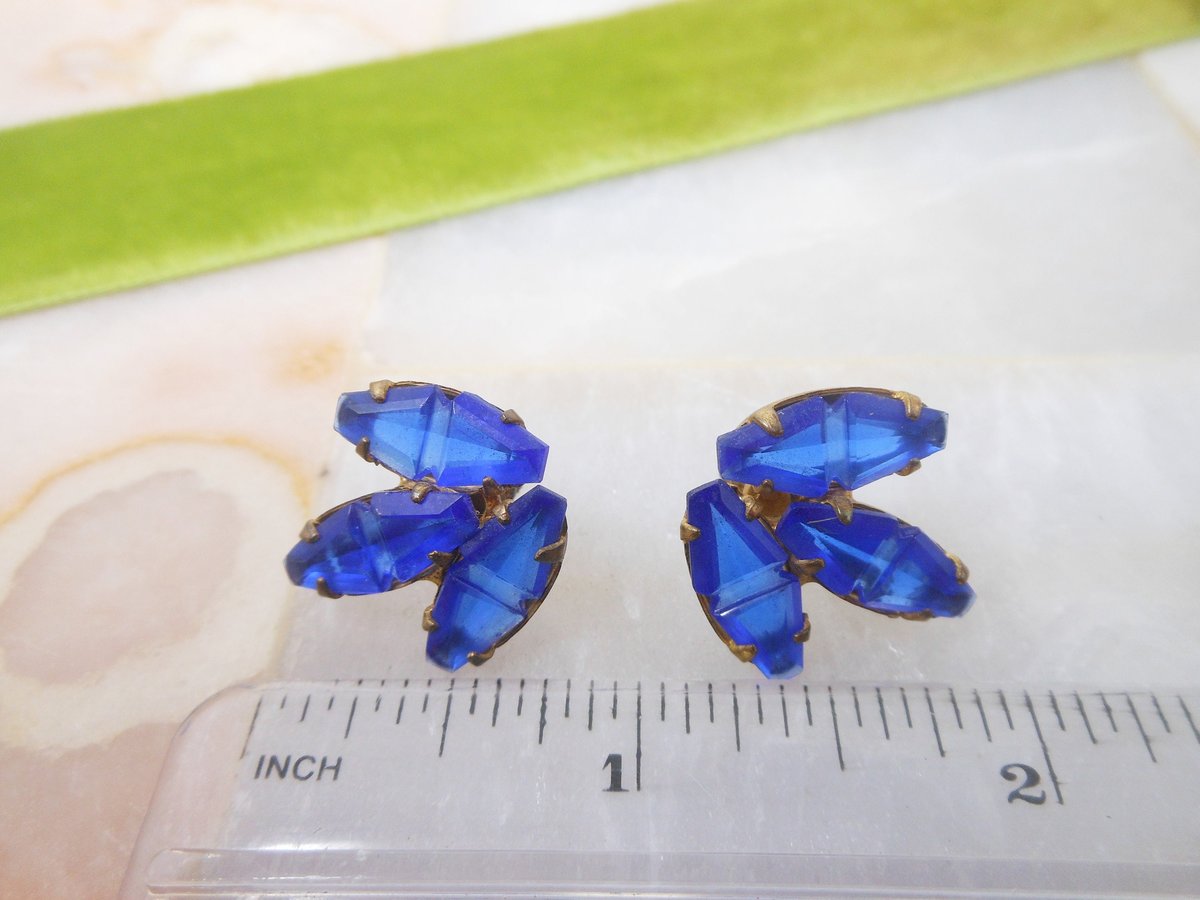 Vintage STERLING SILVER Earrings Gilded Gold Blue Czech Glass Art Deco 925 Screw Back Jewelry Mid Century Gift,  VivianJoel.com