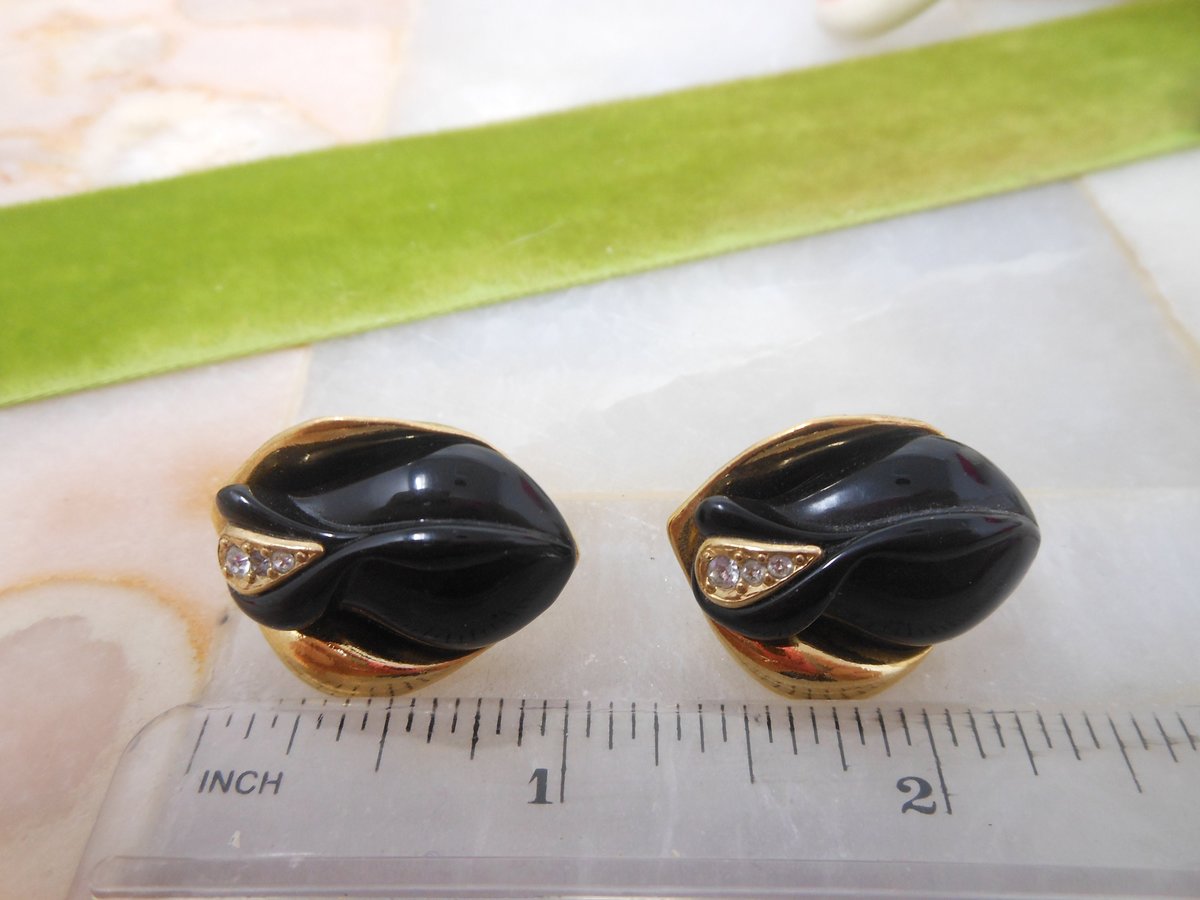 Vintage KJL Black Rose KENNETH Jay LANE Earrings Crystal Lucite Pierced Designer Runway Jewelry Gift Avon, VivianJoel.com