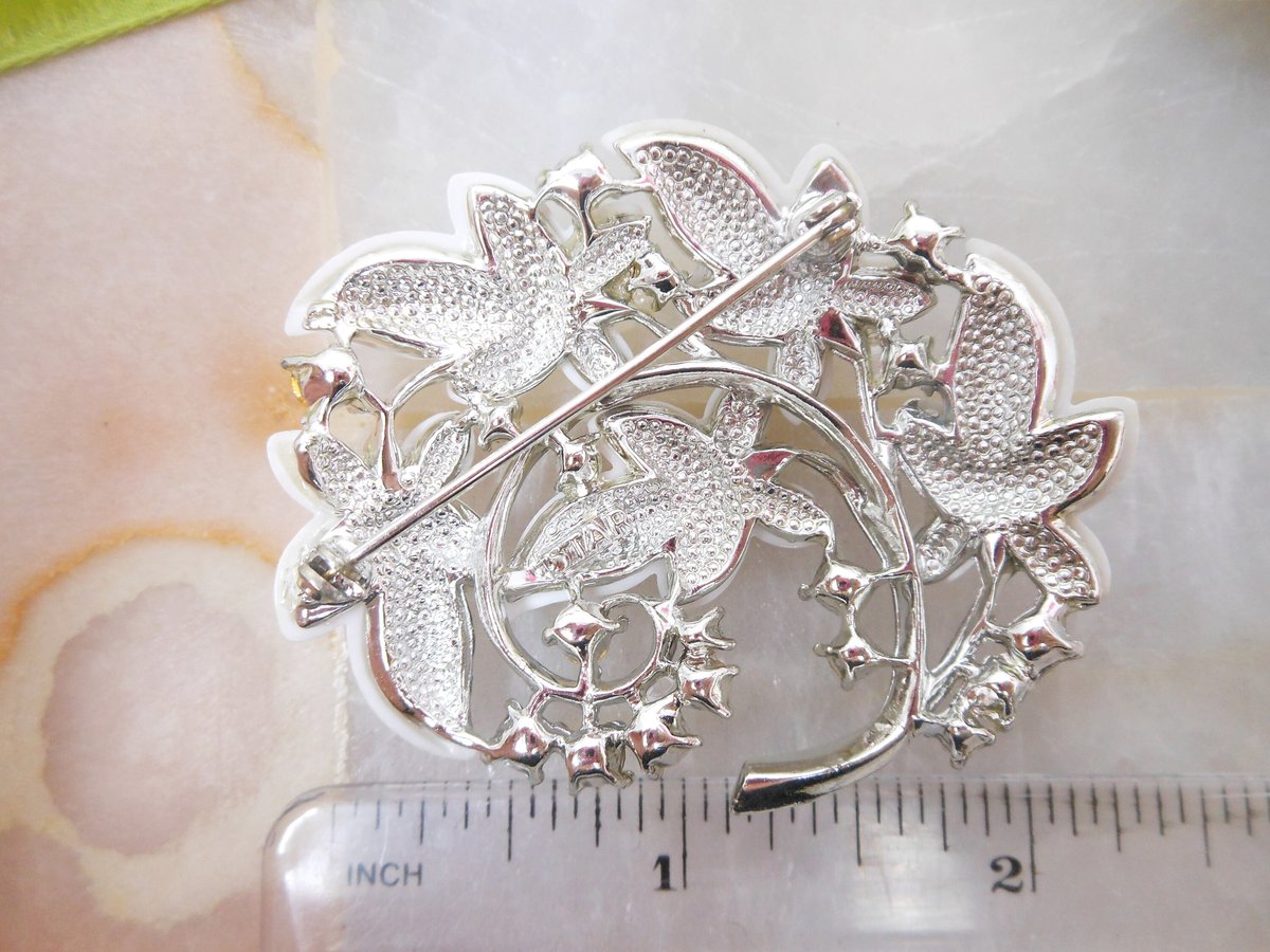 Vintage STAR Necklace Brooch Set White Lucite Plastic Thermoset Rhinestone Pin Up Retro Designer Jewelry Mid Century, VivianJoel.com