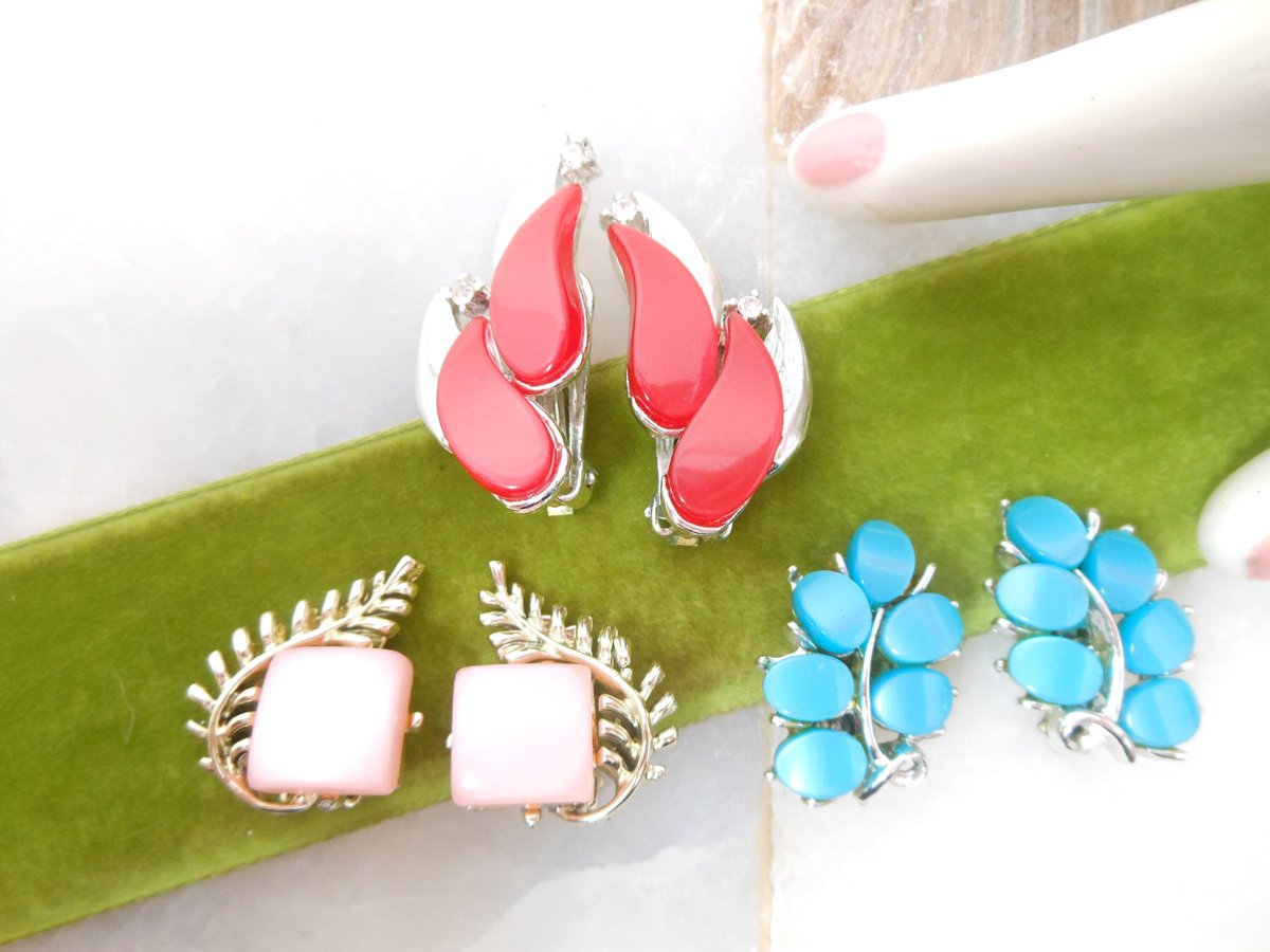 Vintage Earrings LOT 3 Plastic Lucite Clip On Pink Teal Red Satin Moonglow Thermoset CORO Mid Century Jewelry Gift, VivianJoel.com