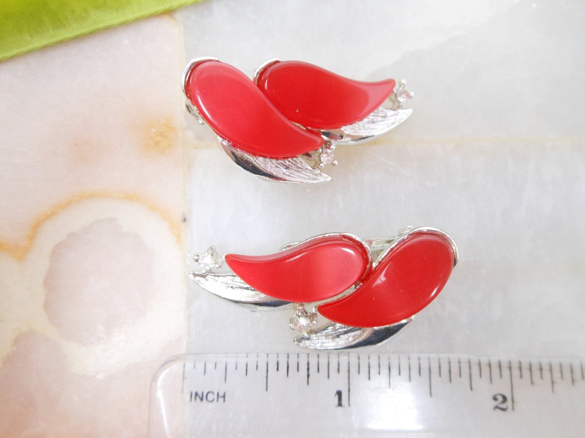 Vintage Earrings LOT 3 Plastic Lucite Clip On Pink Teal Red Satin Moonglow Thermoset CORO Mid Century Jewelry Gift, VivianJoel.com