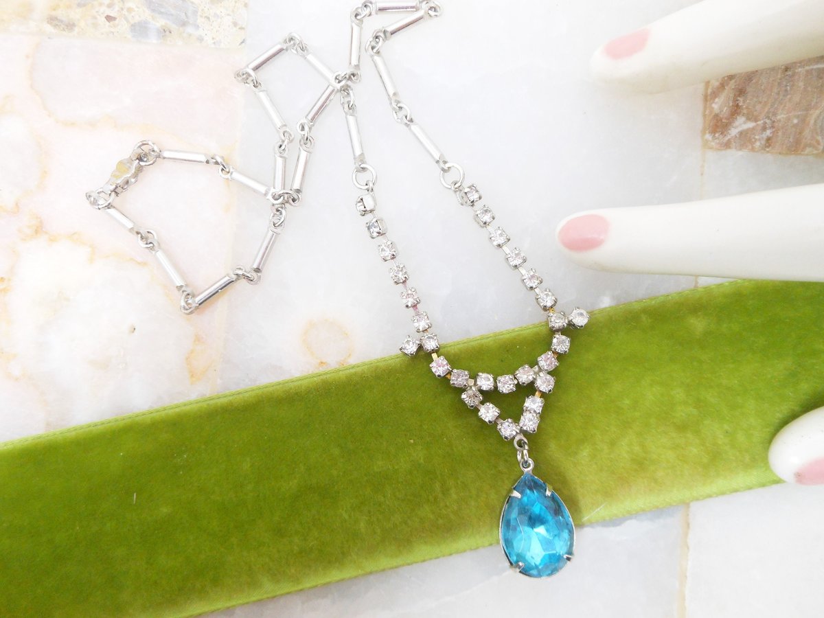 Vintage Rhinestone Necklace Blue Teardrop Pendant Everyday Glam Minimalist Mid Century Jewelry Gift, VivianJoel.com