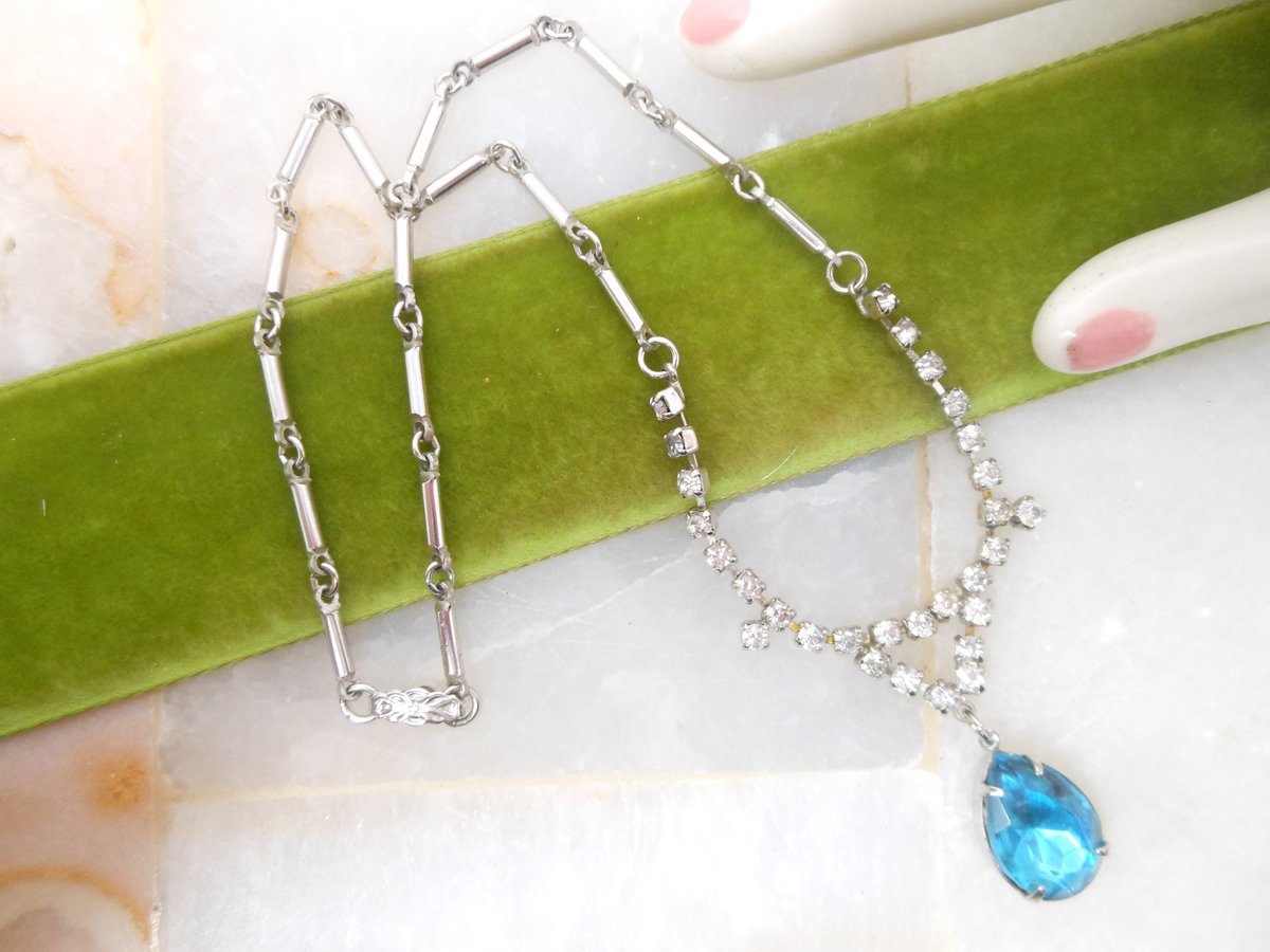Vintage Rhinestone Necklace Blue Teardrop Pendant Everyday Glam Minimalist Mid Century Jewelry Gift, VivianJoel.com