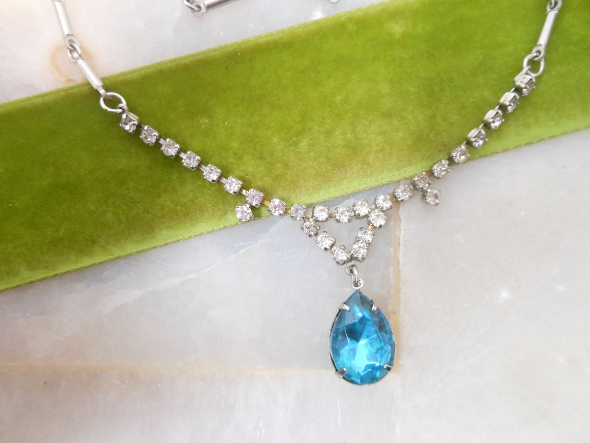 Vintage Rhinestone Necklace Blue Teardrop Pendant Everyday Glam Minimalist Mid Century Jewelry Gift, VivianJoel.com