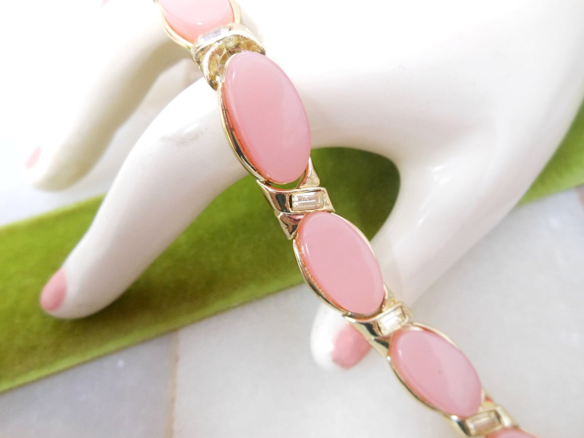 Vintage Pink Moonglow Bracelet Satin Plastic Thermoset Rhinestone Mid Century Jewelry Gift, VivianJoel.com