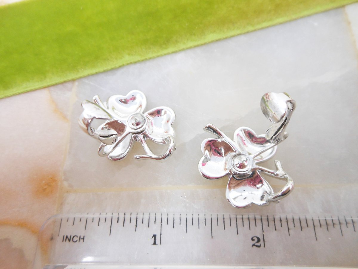 Vintage CORO Enamel Earrings Flower White Clover Clip On Wedding Bridesmaid Designer Jewelry Gift Mid Century, VivianJoel.com