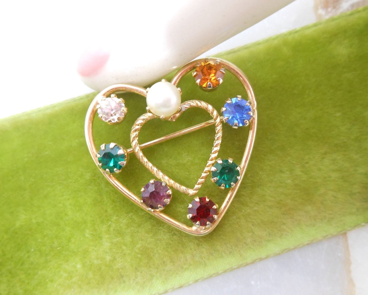 Vintage LOT 2 Rhinestone Heart Pin Faux Pearl Fruit Salad Brooch Valentine Petite Gift Jewelry Mid Century, VivianJoel.com