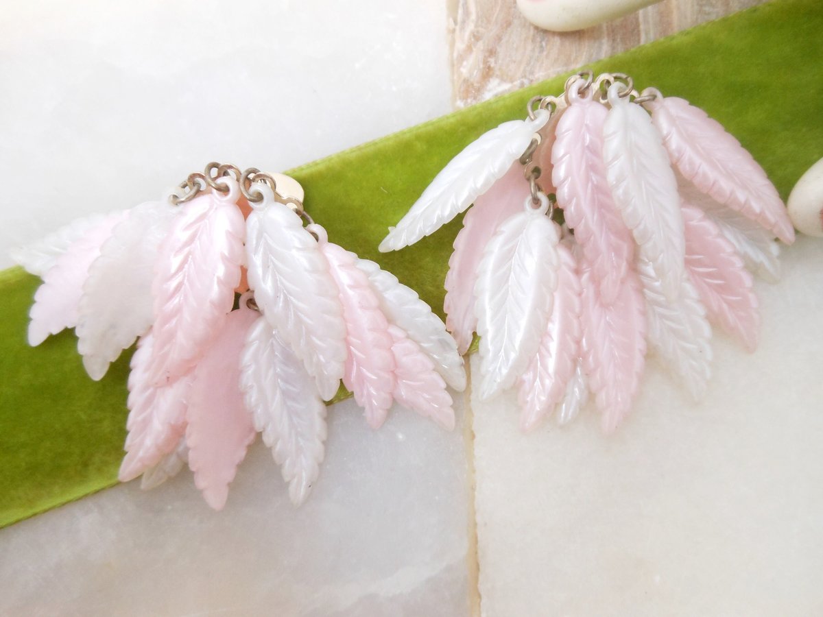 Vintage Pink Plastic Waterfall Earrings Clip On Dangle Drop Cha Cha White Leaf Cluster Mid Century Jewelry Gift, VivianJoel.com