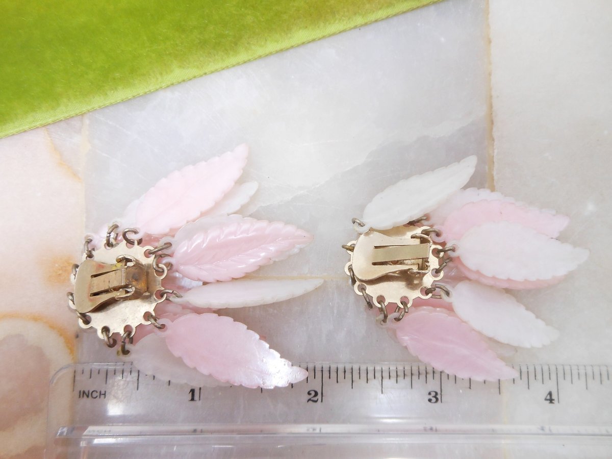 Vintage Pink Plastic Waterfall Earrings Clip On Dangle Drop Cha Cha White Leaf Cluster Mid Century Jewelry Gift, VivianJoel.com