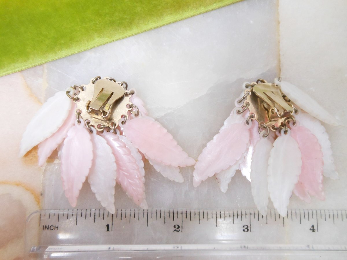 Vintage Pink Plastic Waterfall Earrings Clip On Dangle Drop Cha Cha White Leaf Cluster Mid Century Jewelry Gift, VivianJoel.com