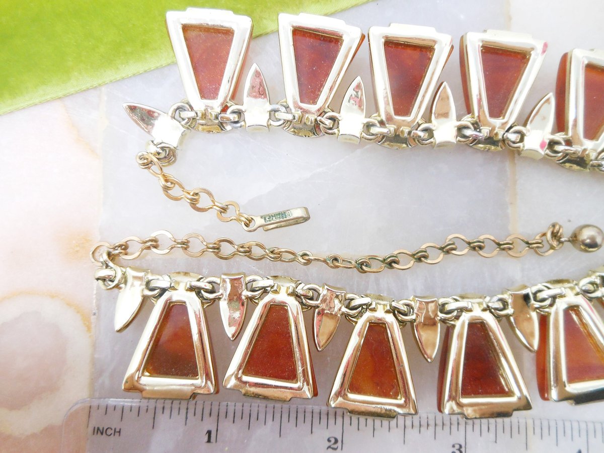 Vintage BAKELITE Collar Necklace Designer CHAREL Rootbeer Plastic Chunky Mid Century Jewelry Gift, VivianJoel.com