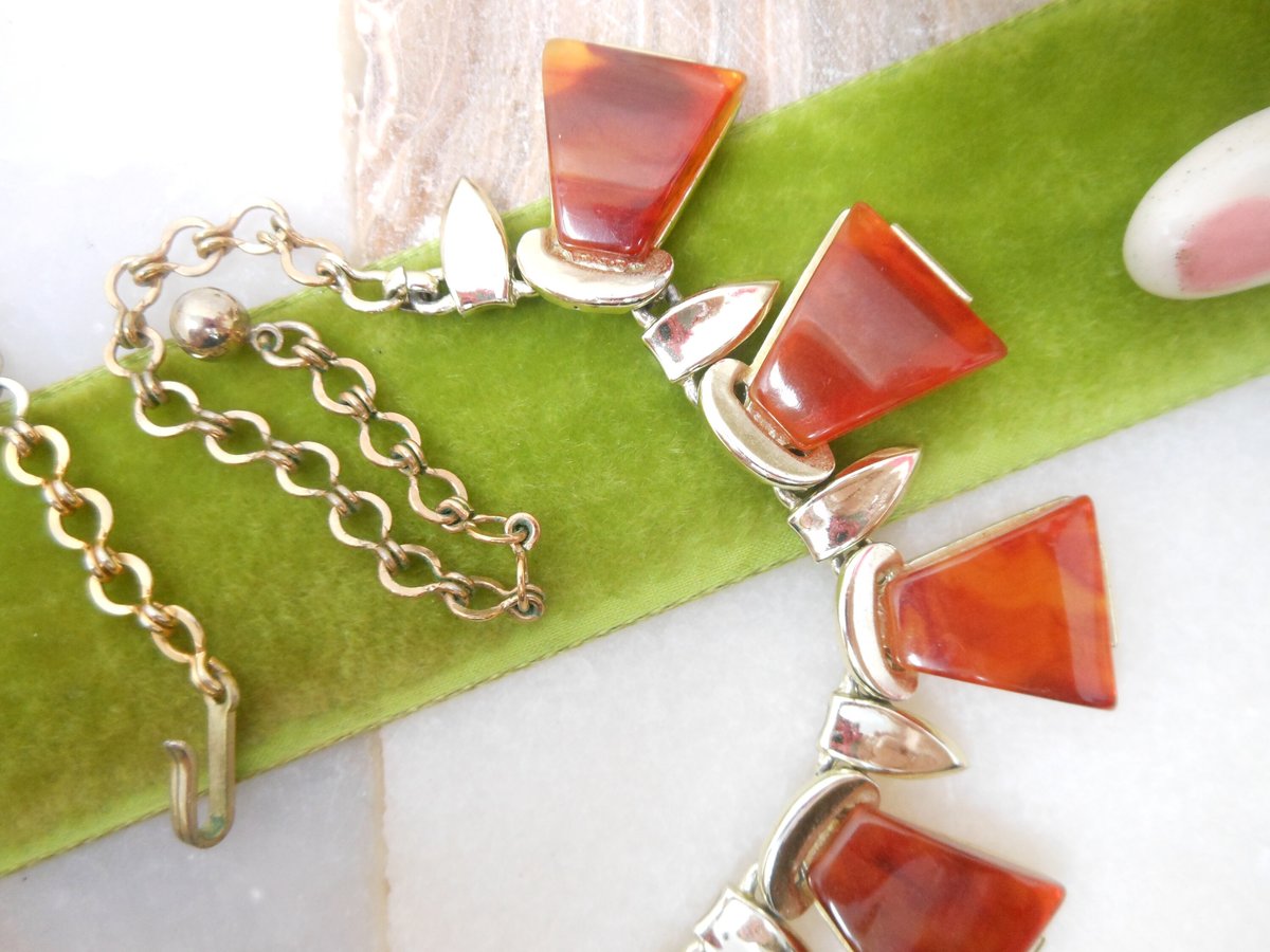 Vintage BAKELITE Collar Necklace Designer CHAREL Rootbeer Plastic Chunky Mid Century Jewelry Gift, VivianJoel.com