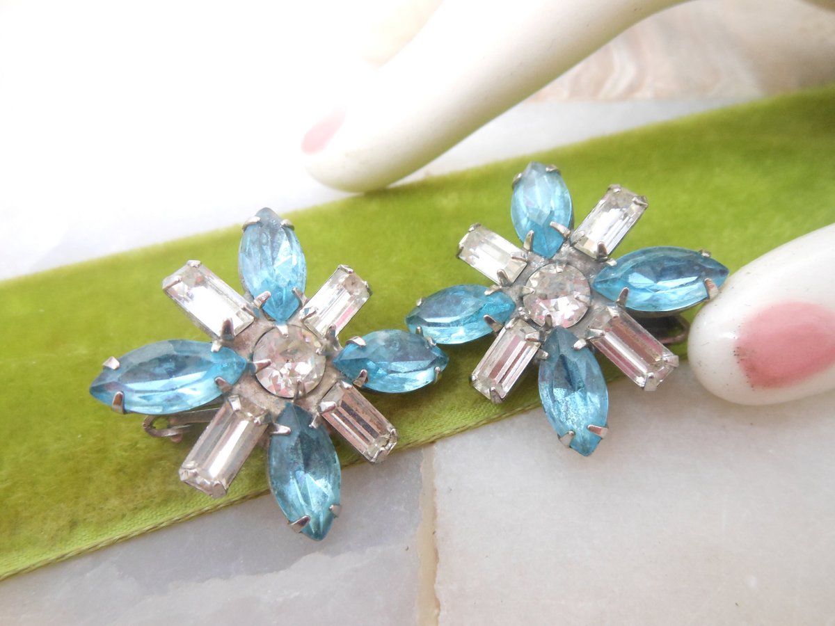 Vintage Blue Earrings Maltese Cross Clip On Rhinestone Flower Glam Regency Revival Jewelry Gift Mid Century, VivianJoel.com
