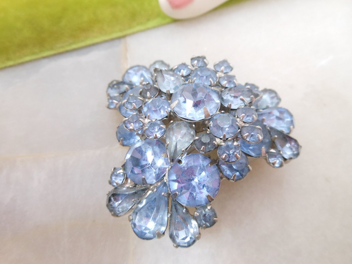 Vintage Blue Rhinestone Brooch Pin Layered Flower Spray Mid Century Jewelry Gift, VivianJoel.com