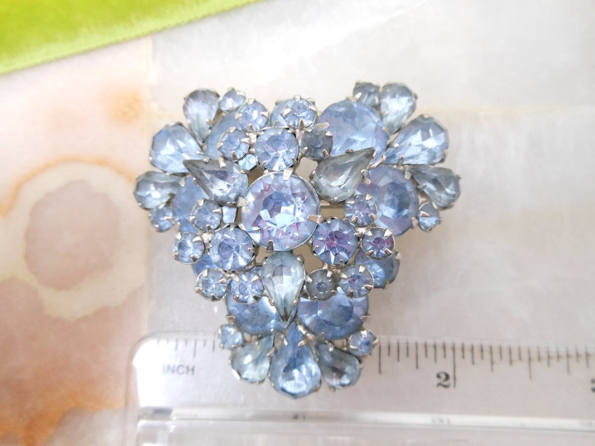 Vintage Blue Rhinestone Brooch Pin Layered Flower Spray Mid Century Jewelry Gift, VivianJoel.com