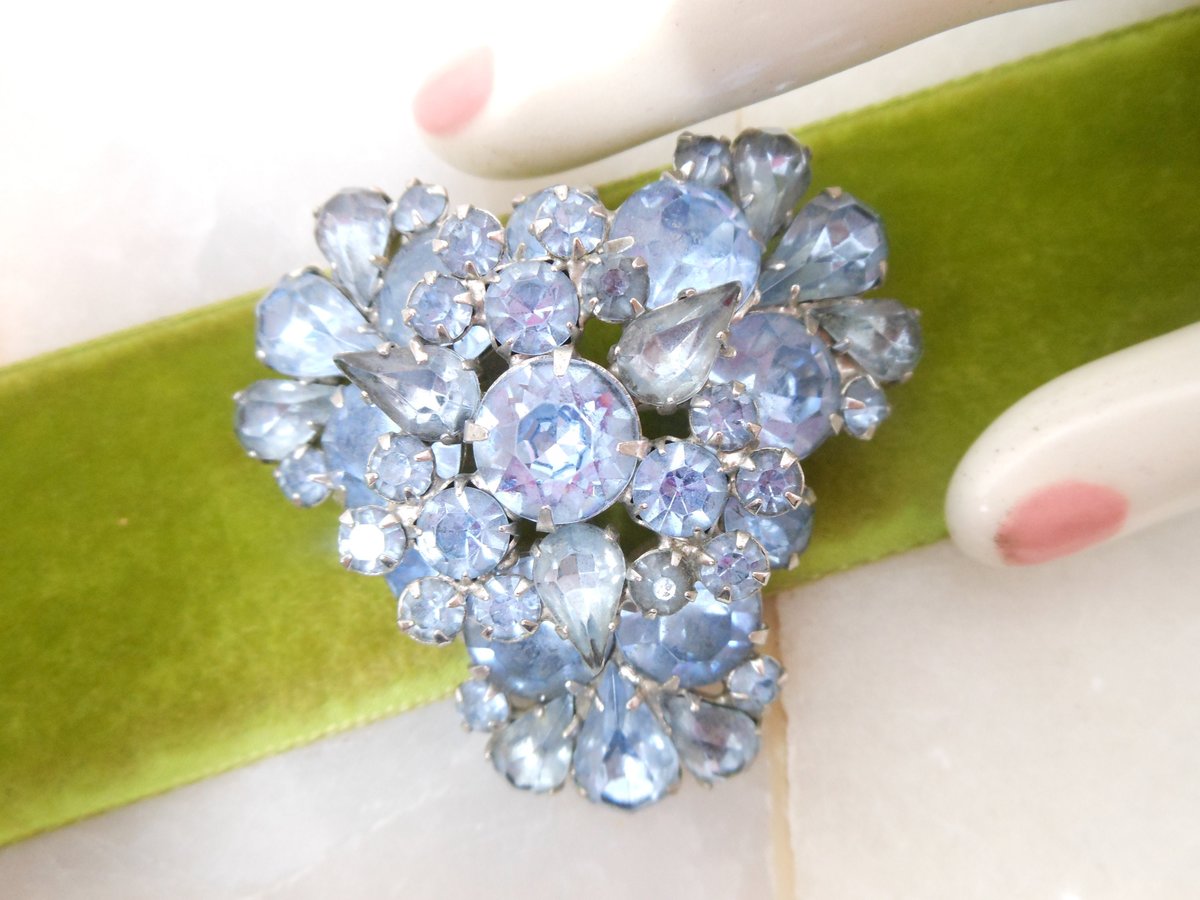 Vintage Blue Rhinestone Brooch Pin Layered Flower Spray Mid Century Jewelry Gift, VivianJoel.com