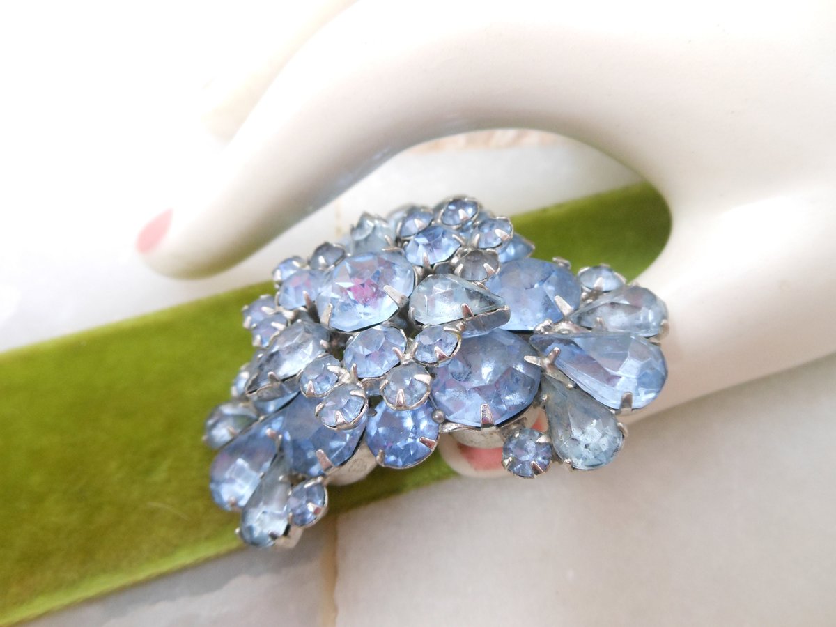 Vintage Blue Rhinestone Brooch Pin Layered Flower Spray Mid Century Jewelry Gift, VivianJoel.com