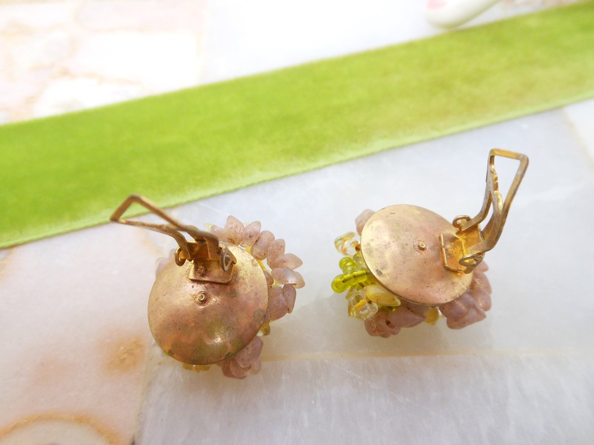 Vintage ITALY Art Glass Earrings Clip On Seed Bead Wired Cluster Chartreuse Yellow Jewelry Gift Mid Century, VivianJoel.com